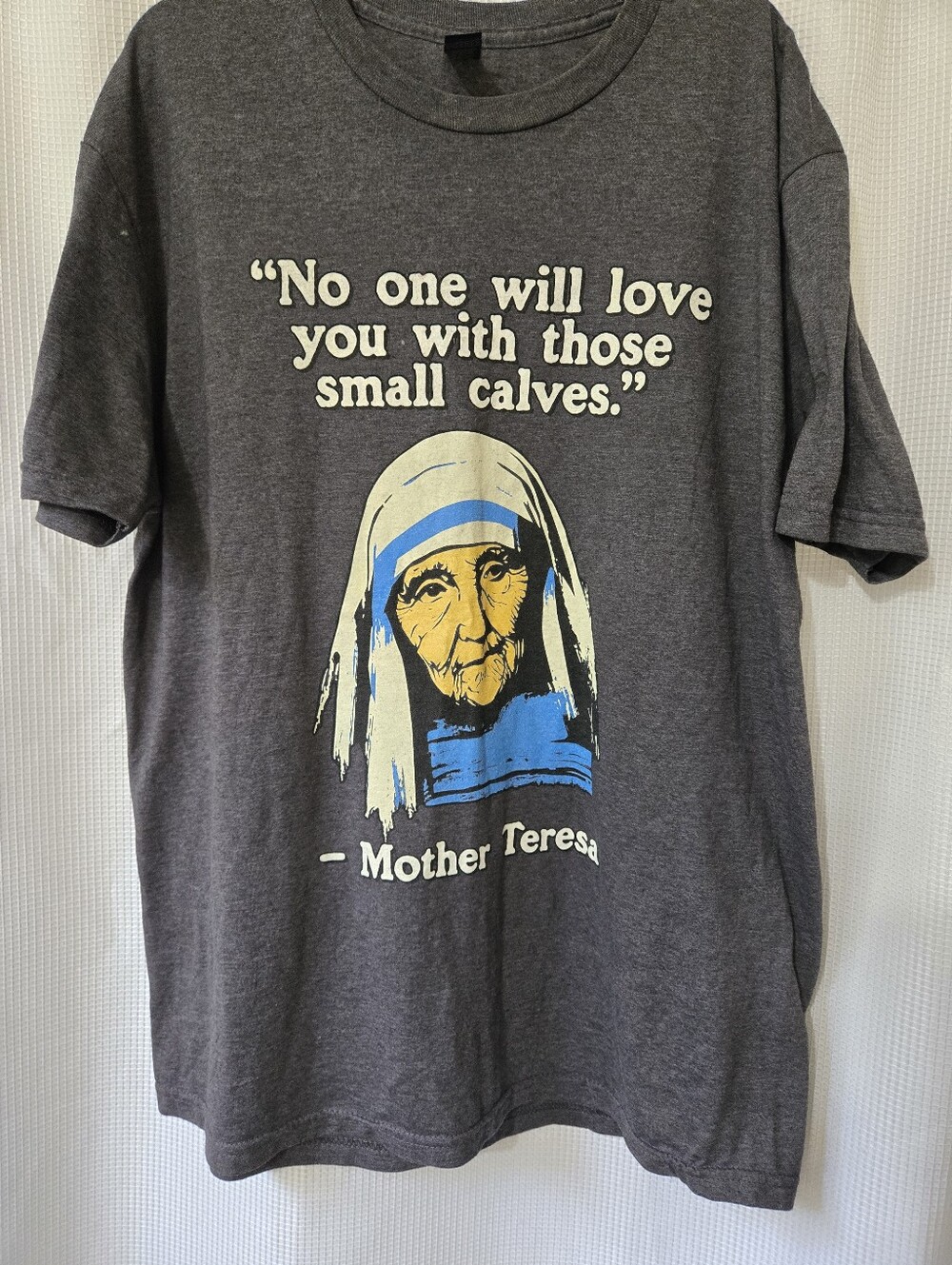 Gildan Charcoal Gray Graphic Short Sleeve Tee with Blue & Cream Print